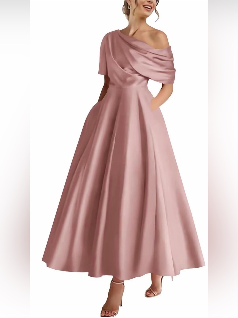 Elegant One Shoulder Satin Mother of the Bride/Groom Dress in Dusty Rose Sz 16